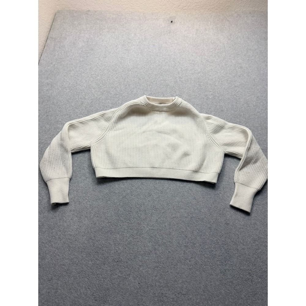 Zara Womens Ribbed Knit Cropped Sweater Cream Ivory Crew Neck Long Sleeve Size M